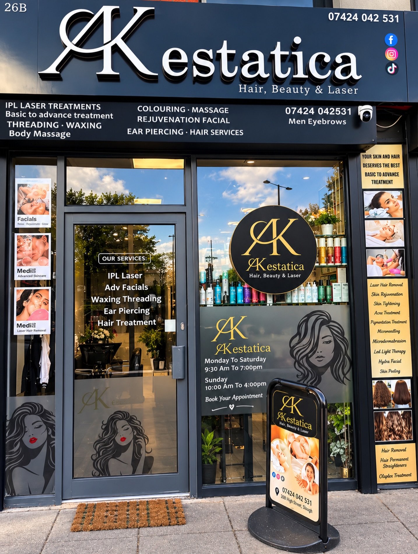 Actual Akestatica Salon shopfront and discreet private entrance at 26B High Street, Slough