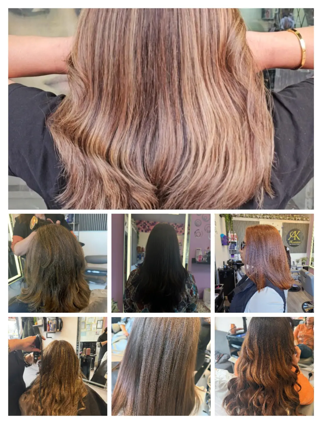 Caramel hair colour and styling collage at Akestatica